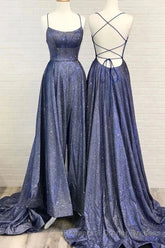 Beautiful Spaghetti Straps Backless Long Blue Party Semi Formal Prom Dresses